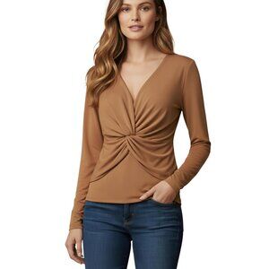 Calvin Klein Crepe V-Neck Long Sleeve Twist Front Blouse XL Luggage Camel NWT